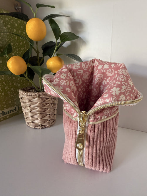 Trousse d'école Faustine en velours cotelé vieux rose et coton fleuri