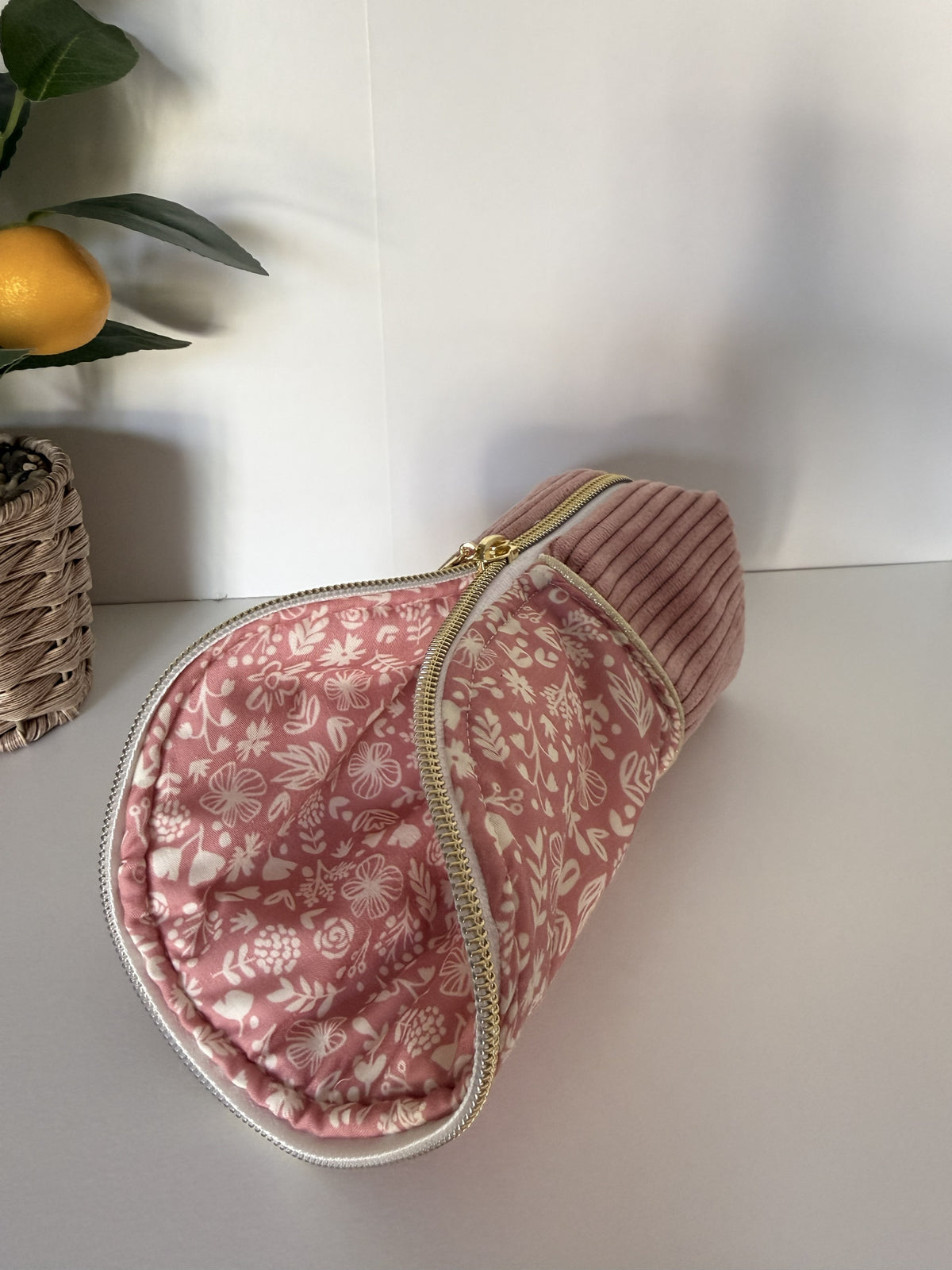 Trousse d'école Faustine en velours cotelé vieux rose et coton fleuri